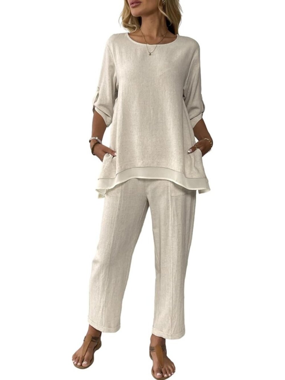 Stylish Women's Linen 2-Piece Outfit Set | Rolled Sleeve Top & Wide Leg Pants